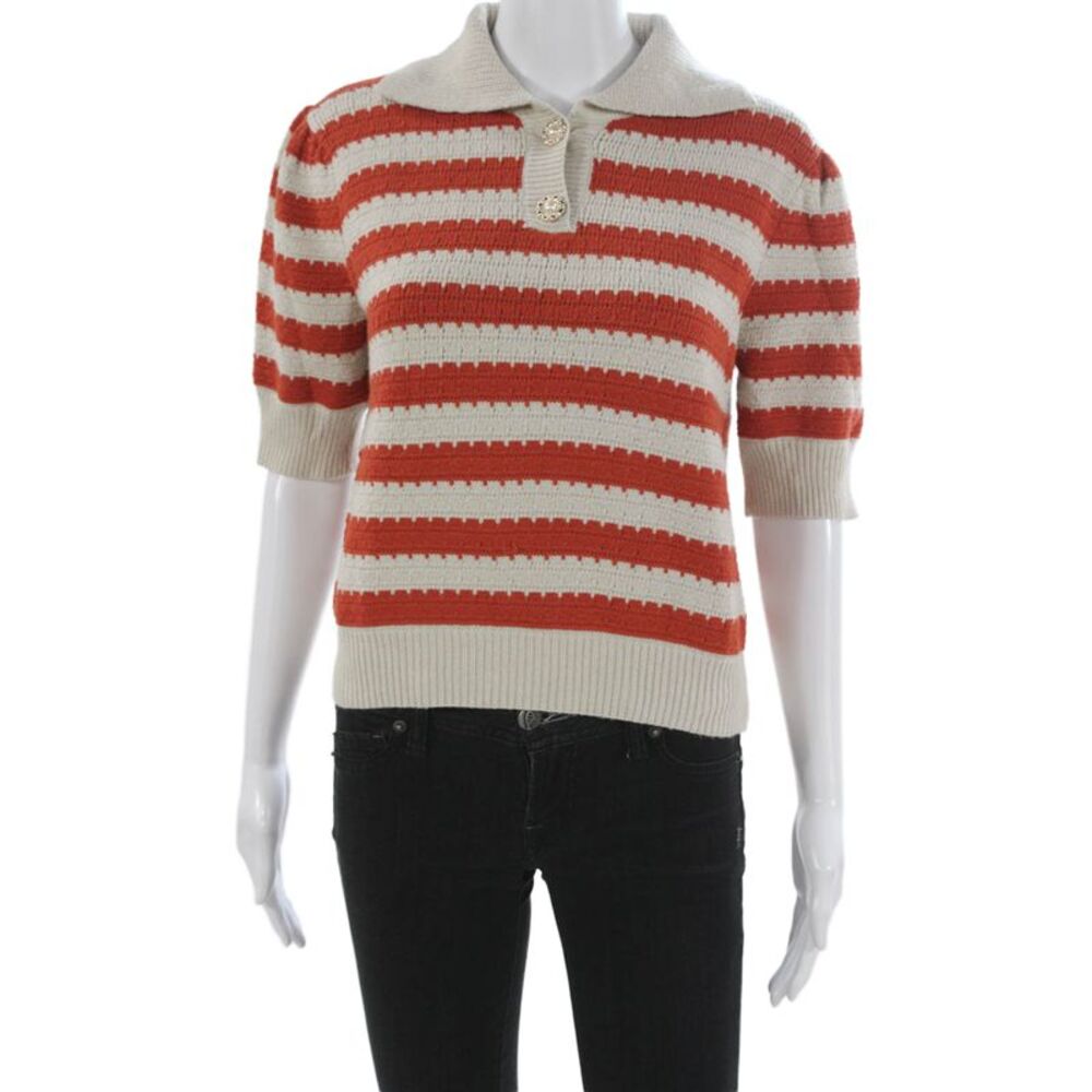 THML Womens Pullover Sweater Striped Collared Short Sleeve Orange Size S